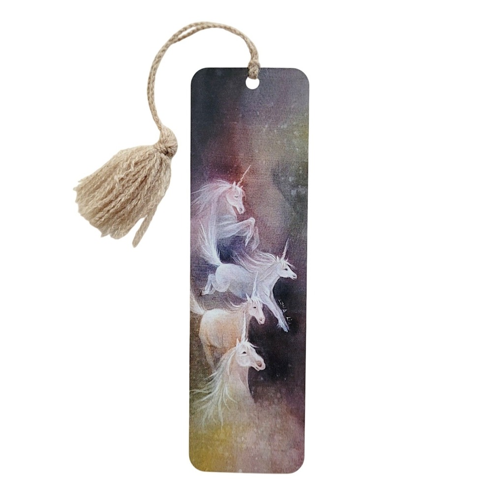 Vintage 80s Lena Liu Unicorns in Space Bookmark 1980s yarn tassel, Artworks LL13